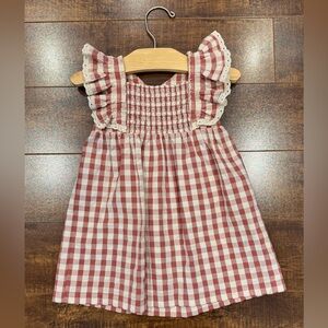 Kiabi Girls 18m Smocked Gingham Dress with eyelet Trim, Dark Pink|Wine & White